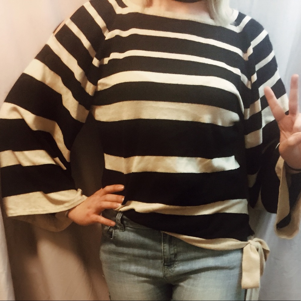 Striped Cold Shoulder Bell Sleeved Shirt
